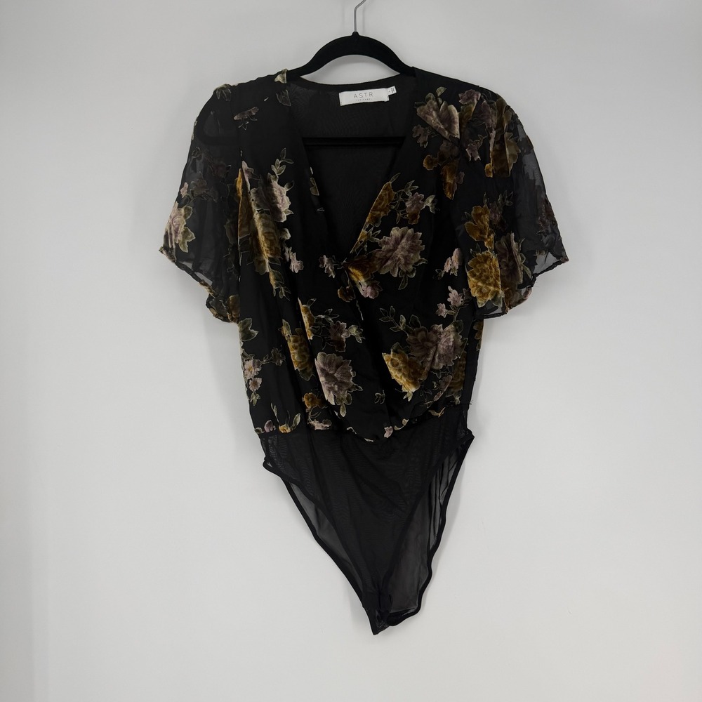 ASTR the Label Bodysuit Women Large Black Floral Velvet Burnout Wrap Whimsigoth
